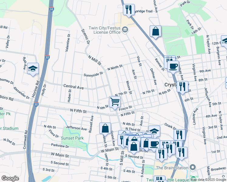 map of restaurants, bars, coffee shops, grocery stores, and more near 714 North Mill Street in Festus