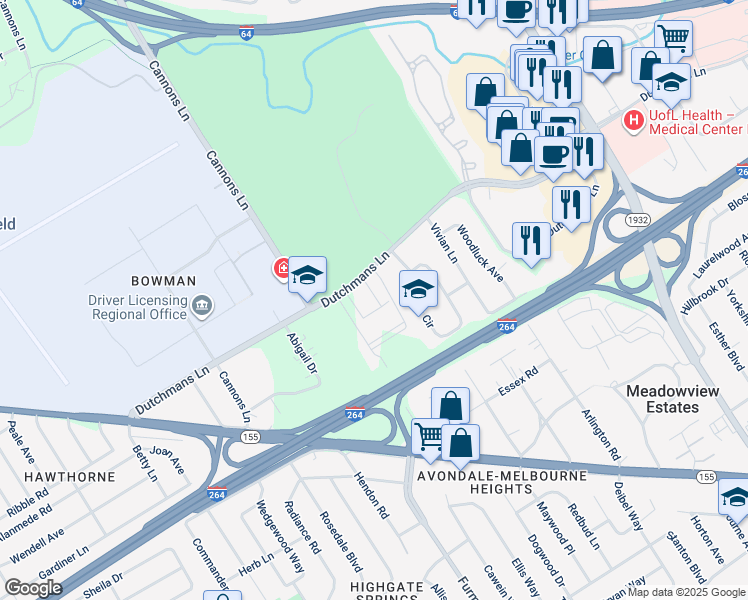 map of restaurants, bars, coffee shops, grocery stores, and more near 3700 Dutchmans Lane in Louisville