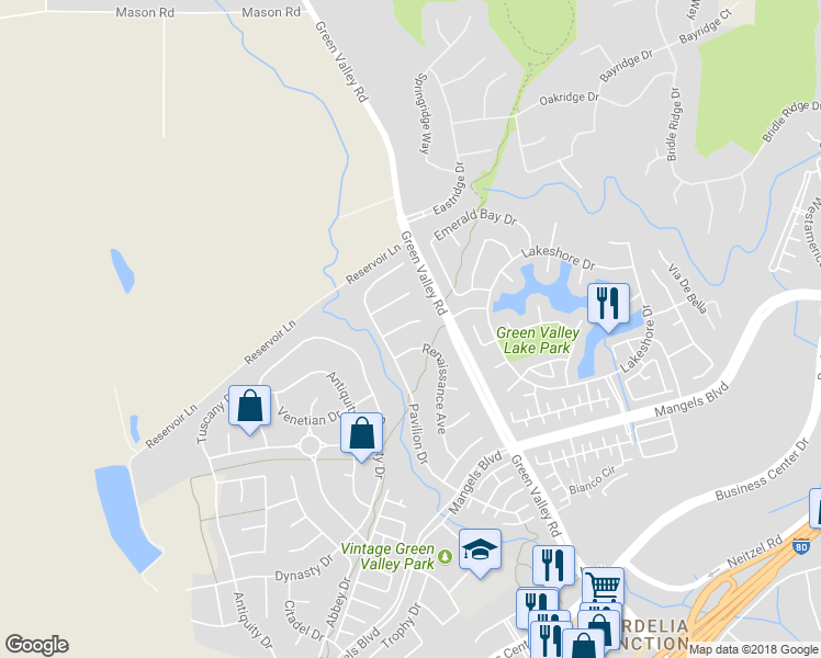 map of restaurants, bars, coffee shops, grocery stores, and more near 5222 Pavilion Court in Fairfield