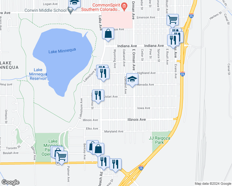 map of restaurants, bars, coffee shops, grocery stores, and more near 2417 Wyoming Avenue in Pueblo