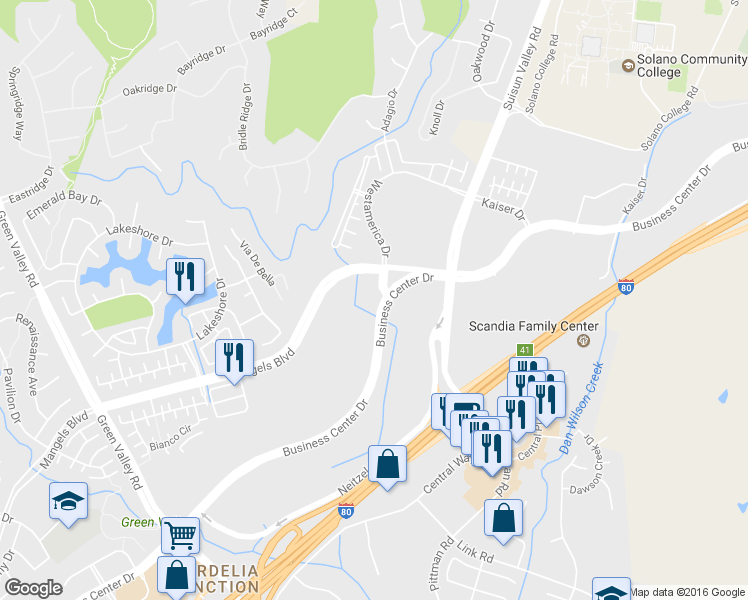 map of restaurants, bars, coffee shops, grocery stores, and more near 500 Business Center Drive in Fairfield