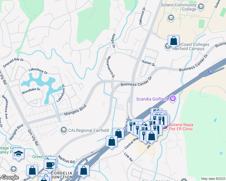 map of restaurants, bars, coffee shops, grocery stores, and more near 500 Business Center Drive in Fairfield