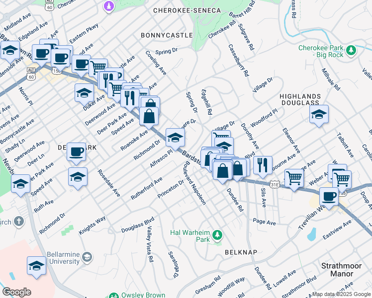 map of restaurants, bars, coffee shops, grocery stores, and more near 1971 Bardstown Road in Louisville