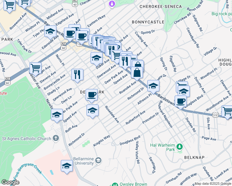 map of restaurants, bars, coffee shops, grocery stores, and more near 1916 Roanoke Avenue in Louisville