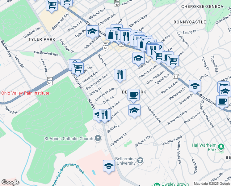 map of restaurants, bars, coffee shops, grocery stores, and more near 1738 Deer Lane in Louisville