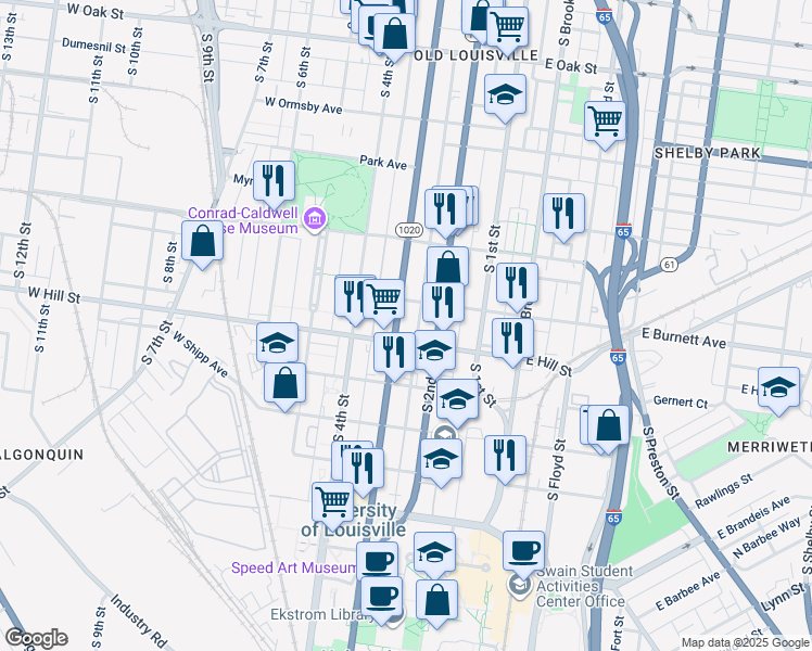 map of restaurants, bars, coffee shops, grocery stores, and more near 217 West Hill Street in Louisville