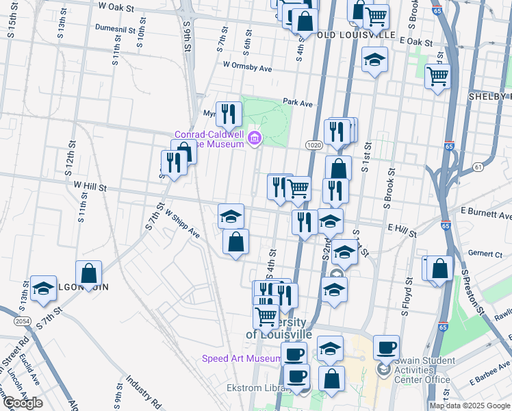 map of restaurants, bars, coffee shops, grocery stores, and more near 510 West Hill Street in Louisville