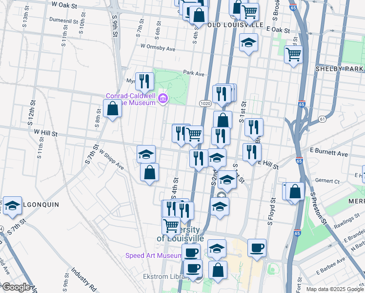 map of restaurants, bars, coffee shops, grocery stores, and more near 1479 South 4th Street in Louisville