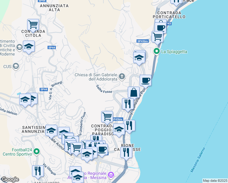 map of restaurants, bars, coffee shops, grocery stores, and more near Contrada Parnaso in Messina