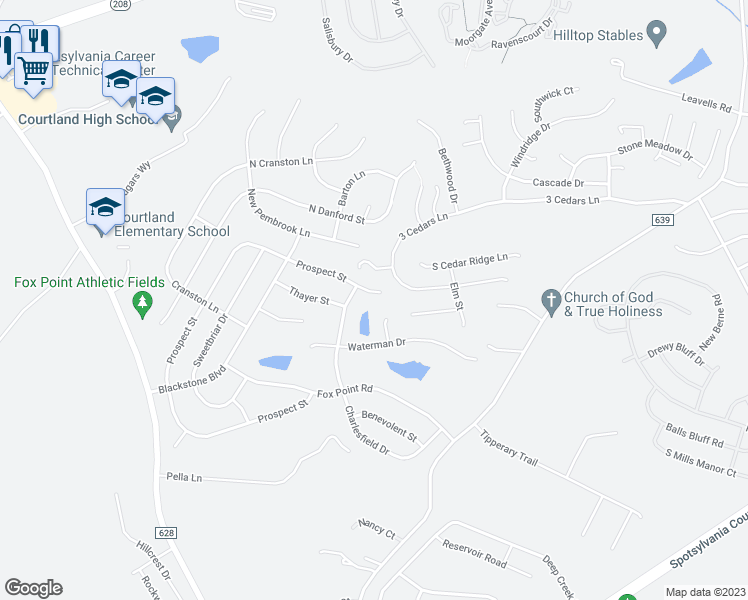 map of restaurants, bars, coffee shops, grocery stores, and more near 9805 Prospect Street in Fredericksburg