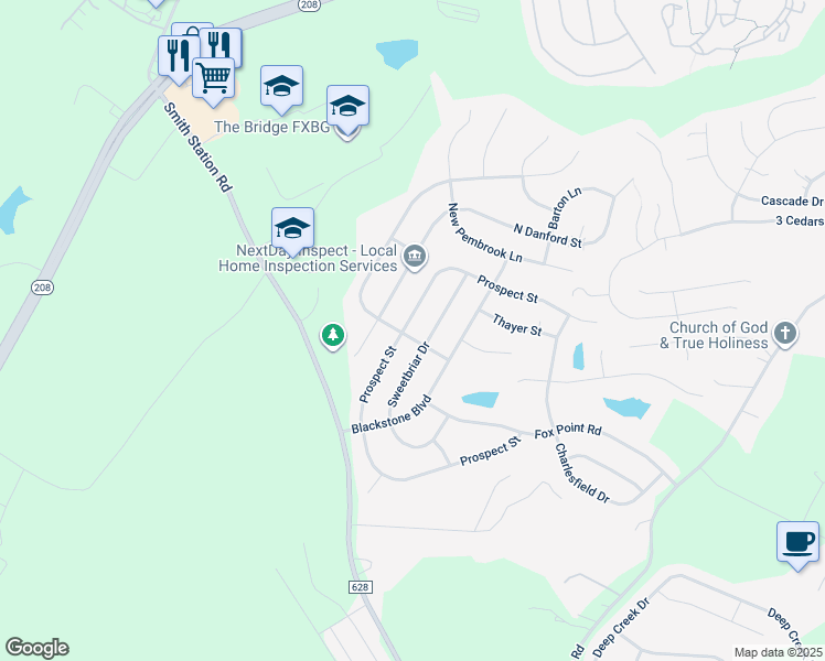 map of restaurants, bars, coffee shops, grocery stores, and more near 6401 Prospect Street in Fredericksburg