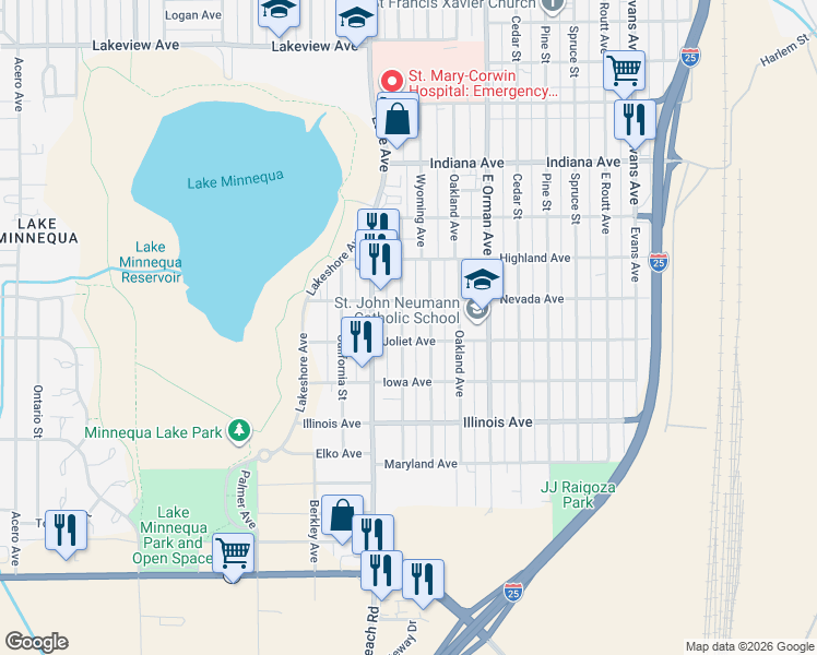 map of restaurants, bars, coffee shops, grocery stores, and more near 2411 Wyoming Avenue in Pueblo