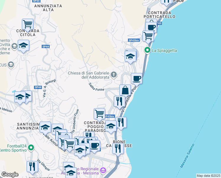 map of restaurants, bars, coffee shops, grocery stores, and more near Località Paradiso in Messina