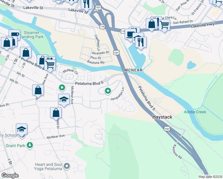 map of restaurants, bars, coffee shops, grocery stores, and more near 602 Jade Street in Petaluma