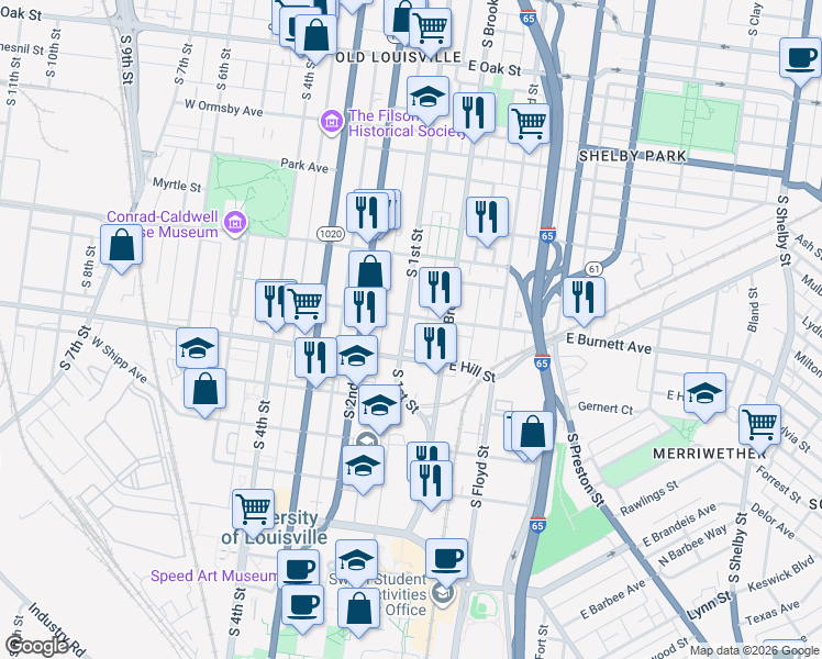 map of restaurants, bars, coffee shops, grocery stores, and more near 1473 South 1st Street in Louisville