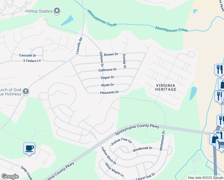 map of restaurants, bars, coffee shops, grocery stores, and more near 507 Pleasants Drive in Fredericksburg