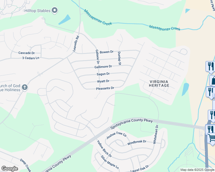 map of restaurants, bars, coffee shops, grocery stores, and more near 507 Pleasants Drive in Fredericksburg