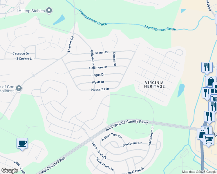 map of restaurants, bars, coffee shops, grocery stores, and more near 513 Pleasants Drive in Fredericksburg