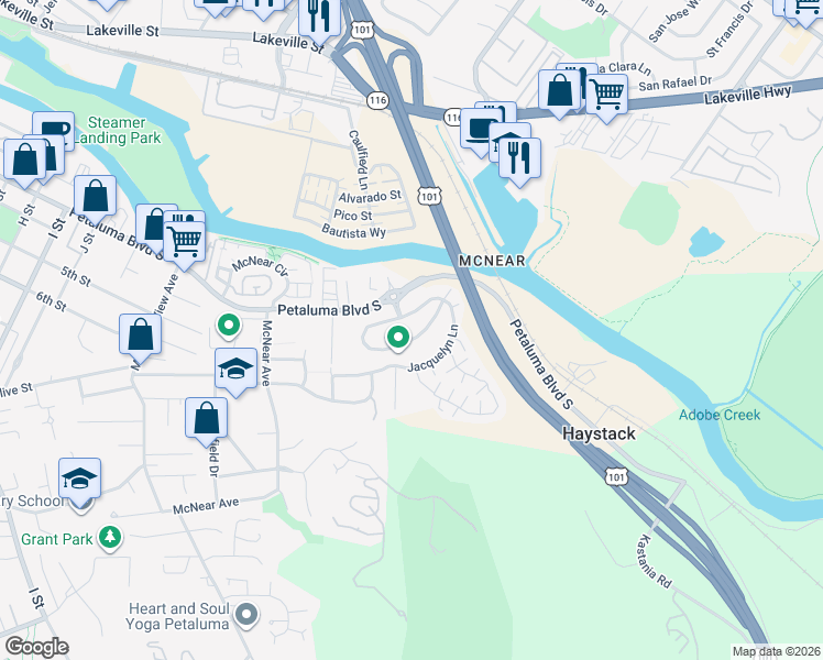 map of restaurants, bars, coffee shops, grocery stores, and more near 602 Jade Street in Petaluma