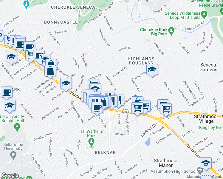 map of restaurants, bars, coffee shops, grocery stores, and more near 2057 Douglass Boulevard in Louisville