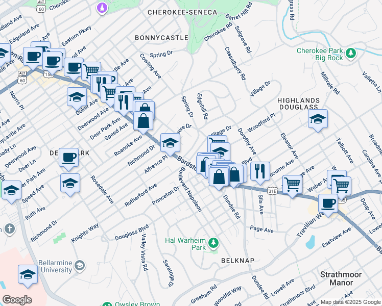 map of restaurants, bars, coffee shops, grocery stores, and more near 1971 Bardstown Road in Louisville