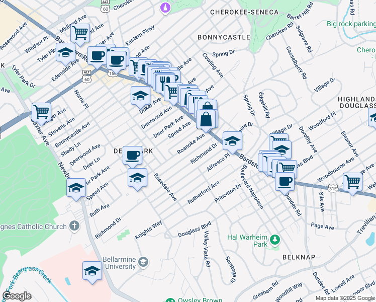 map of restaurants, bars, coffee shops, grocery stores, and more near 1939 Richmond Drive in Louisville