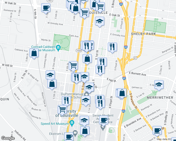 map of restaurants, bars, coffee shops, grocery stores, and more near 1471 South 2nd Street in Louisville