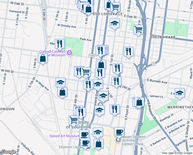 map of restaurants, bars, coffee shops, grocery stores, and more near 217 West Hill Street in Louisville