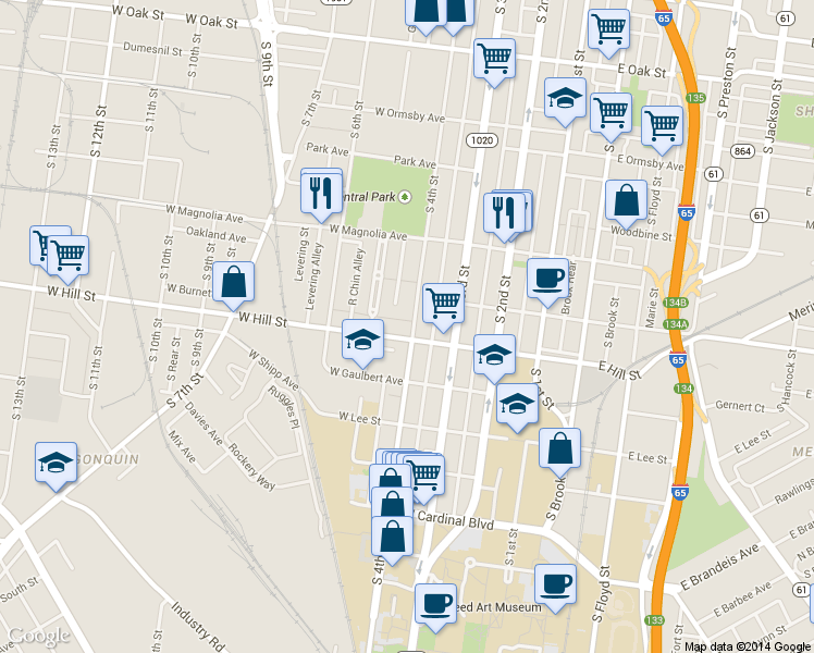 map of restaurants, bars, coffee shops, grocery stores, and more near 410 West Hill Street in Louisville