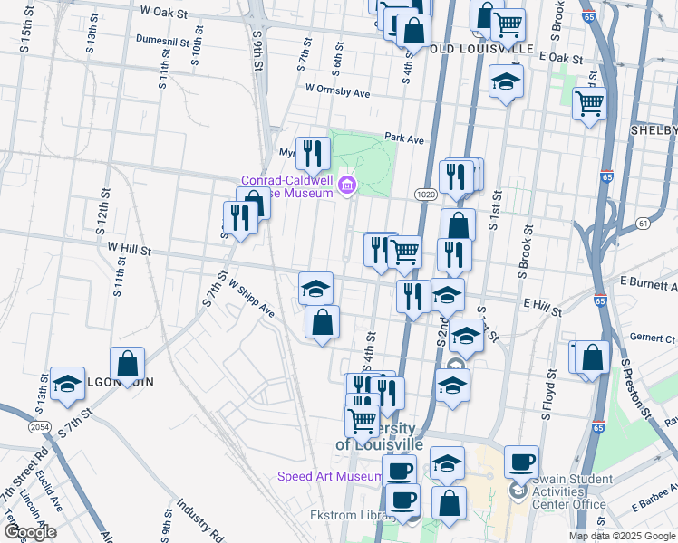 map of restaurants, bars, coffee shops, grocery stores, and more near 510 West Hill Street in Louisville