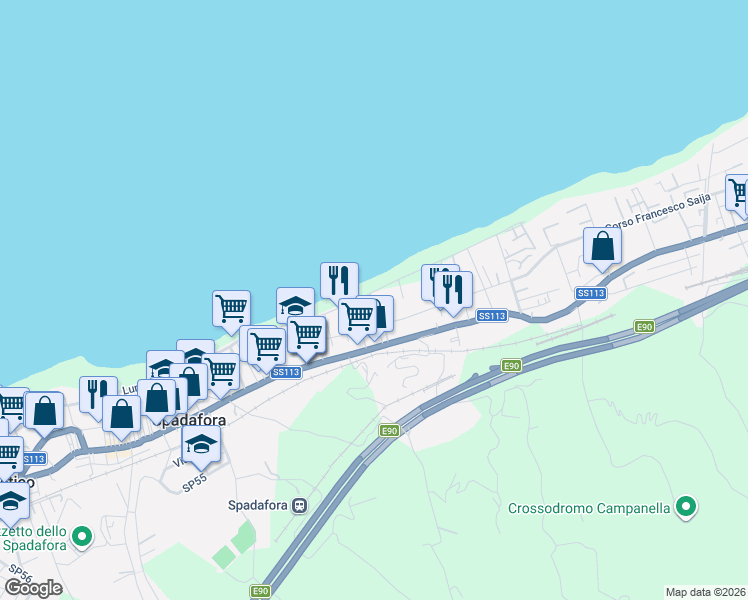 map of restaurants, bars, coffee shops, grocery stores, and more near 9 Via Vincenzo Monti in Spadafora