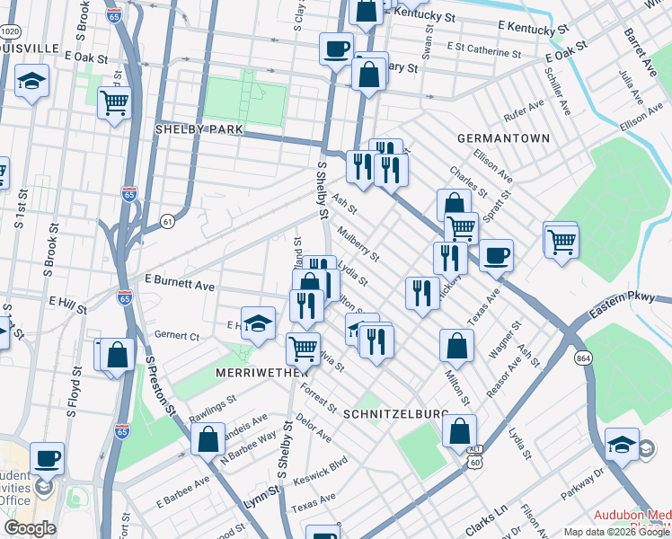 map of restaurants, bars, coffee shops, grocery stores, and more near 1449 South Shelby Street in Louisville