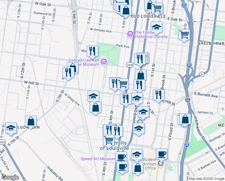 map of restaurants, bars, coffee shops, grocery stores, and more near 410 West Hill Street in Louisville