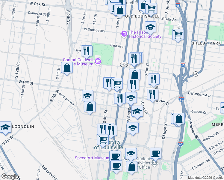 map of restaurants, bars, coffee shops, grocery stores, and more near 315 West Hill Street in Louisville