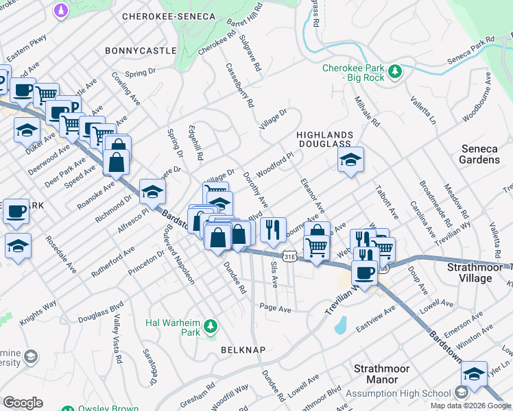 map of restaurants, bars, coffee shops, grocery stores, and more near 2079 Douglass Boulevard in Louisville