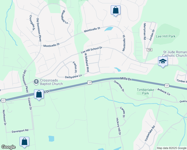 map of restaurants, bars, coffee shops, grocery stores, and more near 9728 West Midland Way in Fredericksburg