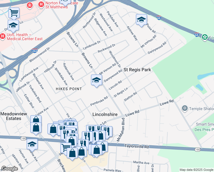 map of restaurants, bars, coffee shops, grocery stores, and more near 2707 Browns Lane in Louisville
