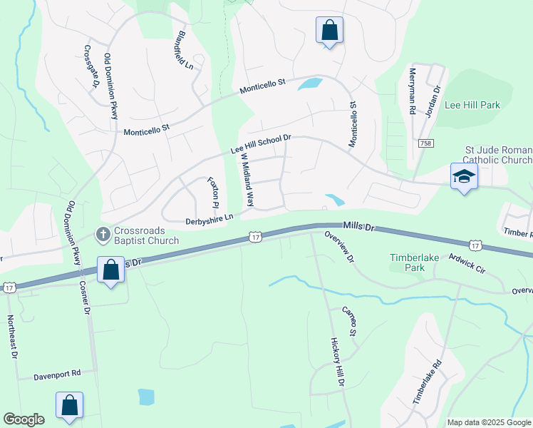map of restaurants, bars, coffee shops, grocery stores, and more near 9728 West Midland Way in Fredericksburg