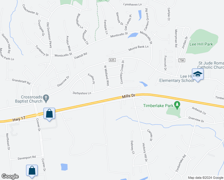 map of restaurants, bars, coffee shops, grocery stores, and more near 9736 West Midland Way in Fredericksburg
