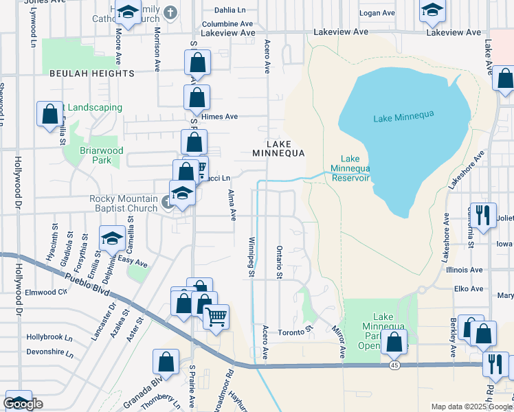 map of restaurants, bars, coffee shops, grocery stores, and more near 2500-2502 Winnipeg St in Pueblo