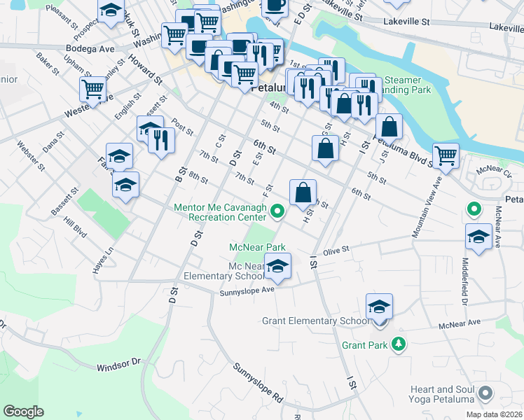 map of restaurants, bars, coffee shops, grocery stores, and more near 416 8th Street in Petaluma