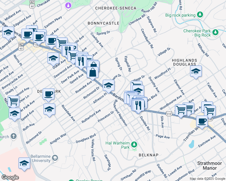 map of restaurants, bars, coffee shops, grocery stores, and more near 1938 Alfresco Place in Louisville