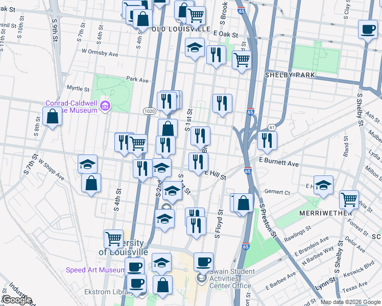 map of restaurants, bars, coffee shops, grocery stores, and more near 1473 South 1st Street in Louisville
