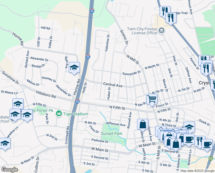 map of restaurants, bars, coffee shops, grocery stores, and more near 712 Huber Street in Festus