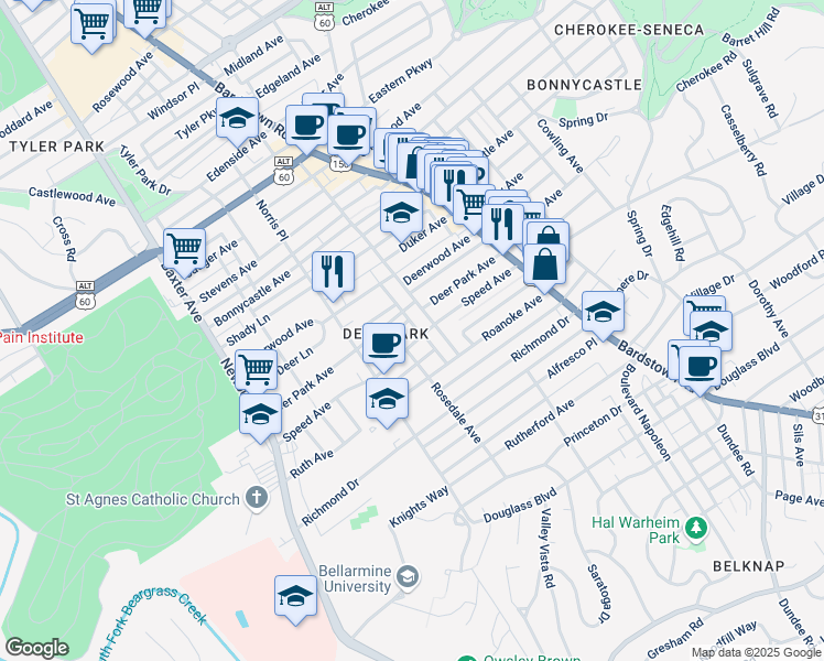 map of restaurants, bars, coffee shops, grocery stores, and more near 1837 Speed Avenue in Louisville
