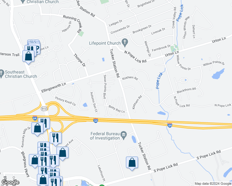 map of restaurants, bars, coffee shops, grocery stores, and more near 1010 Tucker Station Road in Louisville