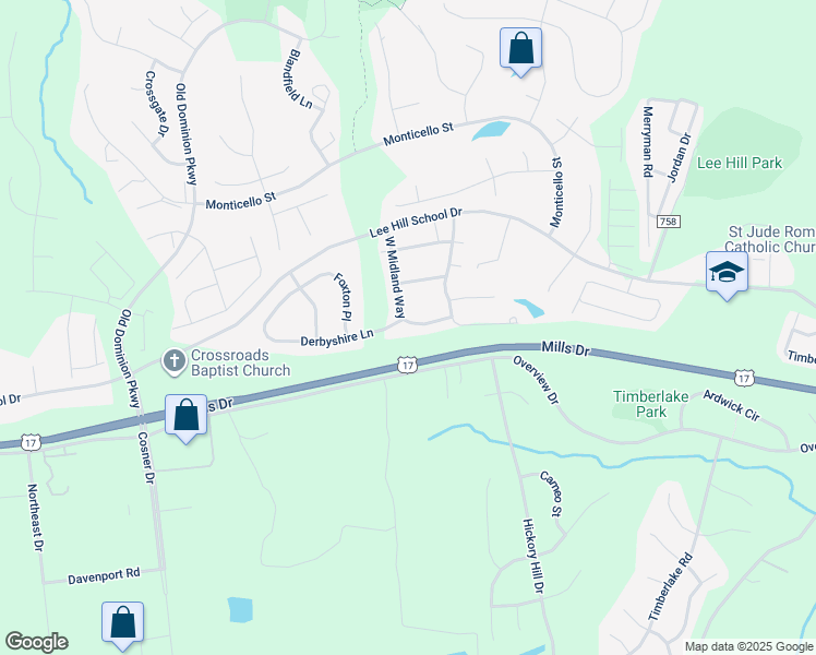 map of restaurants, bars, coffee shops, grocery stores, and more near 9742 West Midland Way in Fredericksburg