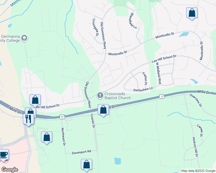 map of restaurants, bars, coffee shops, grocery stores, and more near 9316 Glascow Drive in Fredericksburg