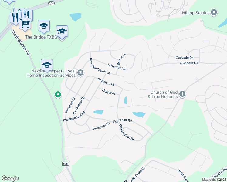 map of restaurants, bars, coffee shops, grocery stores, and more near 6105 Thayer Street in Fredericksburg
