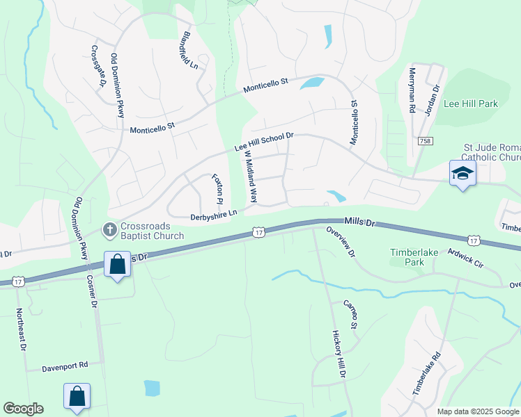 map of restaurants, bars, coffee shops, grocery stores, and more near 9742 West Midland Way in Fredericksburg